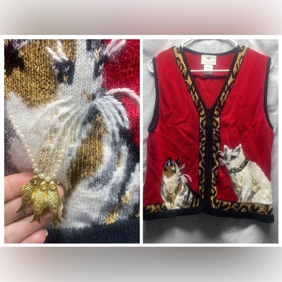 Susan Bristol | Vtg Cat Sweater Vest Y2K 1990’s sz M Red Grandma - Picture 1 of 8